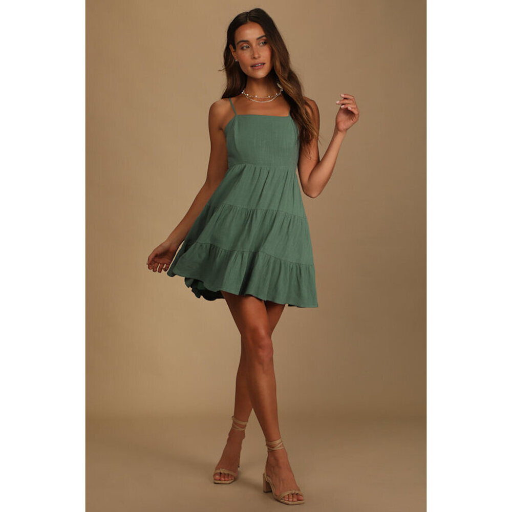 Lulus Make A Day Of It Green Cutout Tiered Mini Dress - Size M